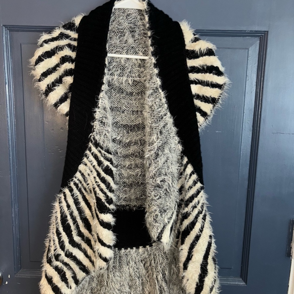 Black and White Striped Fuzzy Cardigan